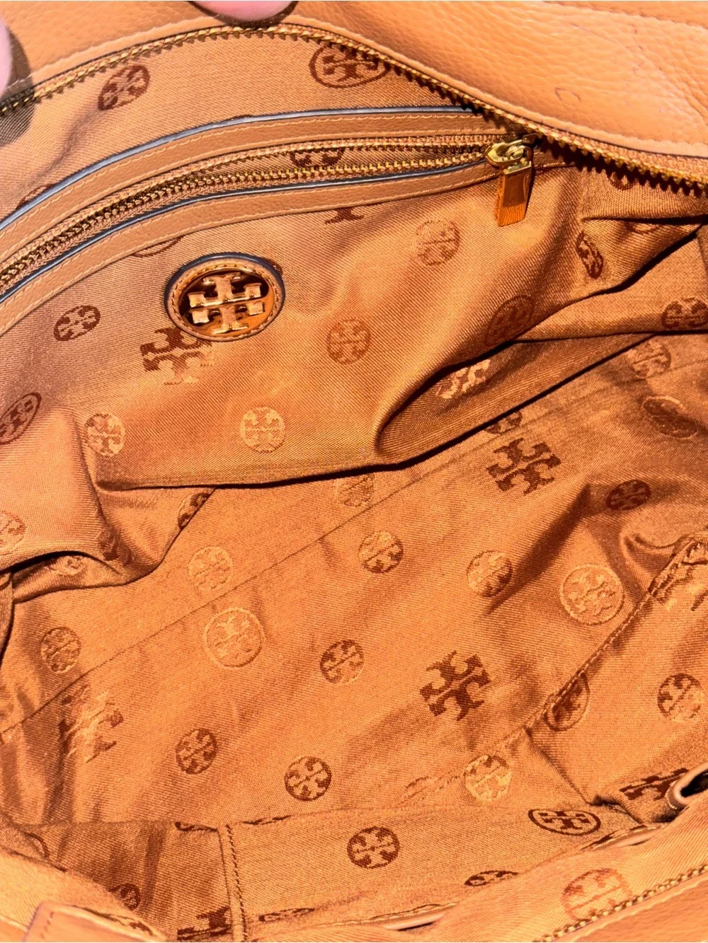 Tory Burch Cognac Pebbled Leather Tote with Tassel and Chain Strap